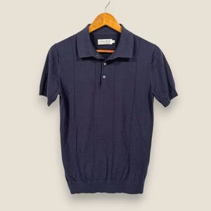 Collars & Co Cotton Silk Knit Polo Shirt Sweater Men Small Navy Blue Stripe